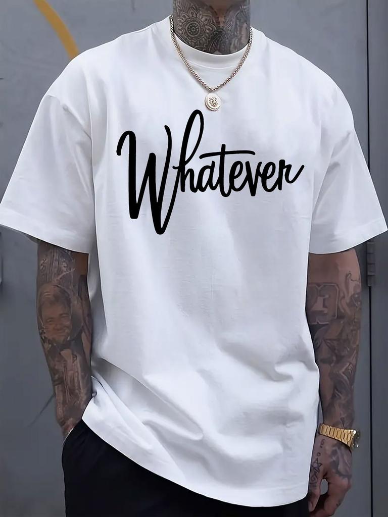 Unisex Crew Neck Tee Whatever Cursive Letter Print Soft Cotton Short Sleeve Minimalist Daily Street Top For Young Adult Male Guys