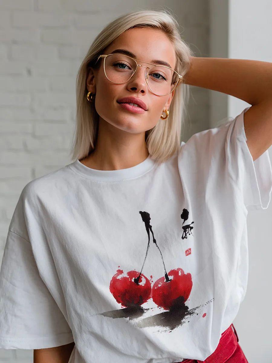 Oversized T‑shirt with cherry art print L