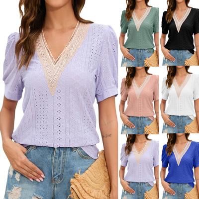 Women's Fashion Design V-neck T-shirt With Bubble Sleeve Top