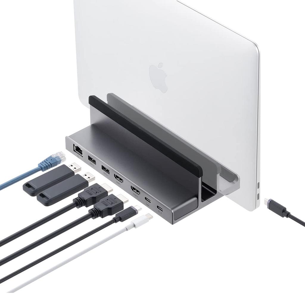 Sanwa Direct 6-in-1 Type-C Docking Station, Dual Screen, 4K HDMI, Stand Type, PD, 100W LAN, USB 3.2, Compatible with Mac/Windows, 400-VGA018