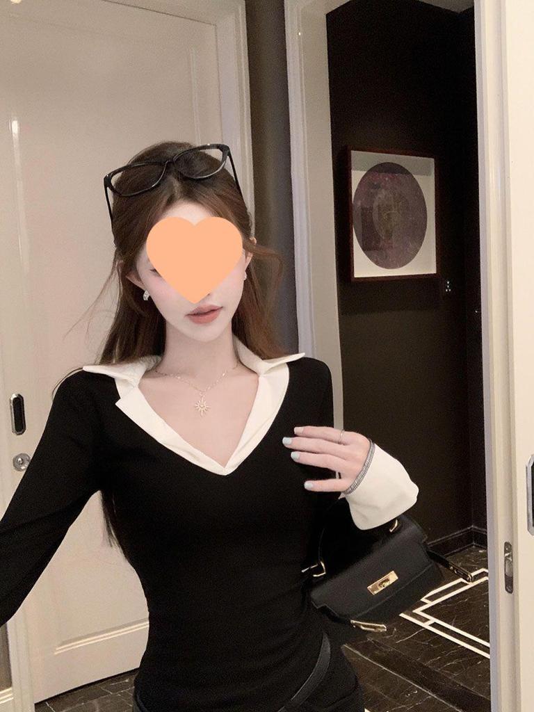 Würziges Mädchen V-Ausschnitt Figurbetont Schwarz Patchwork Zweiteiliges Oberteil - Langarm-T-Shirt für Herbst/Winter