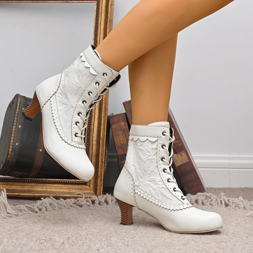 White Women's Kitten Heel Ankle Boots Elegant Lace Embroidery Booties Autumn Fashion Lace-up Short Boots Size36-43 Bottes Femmes