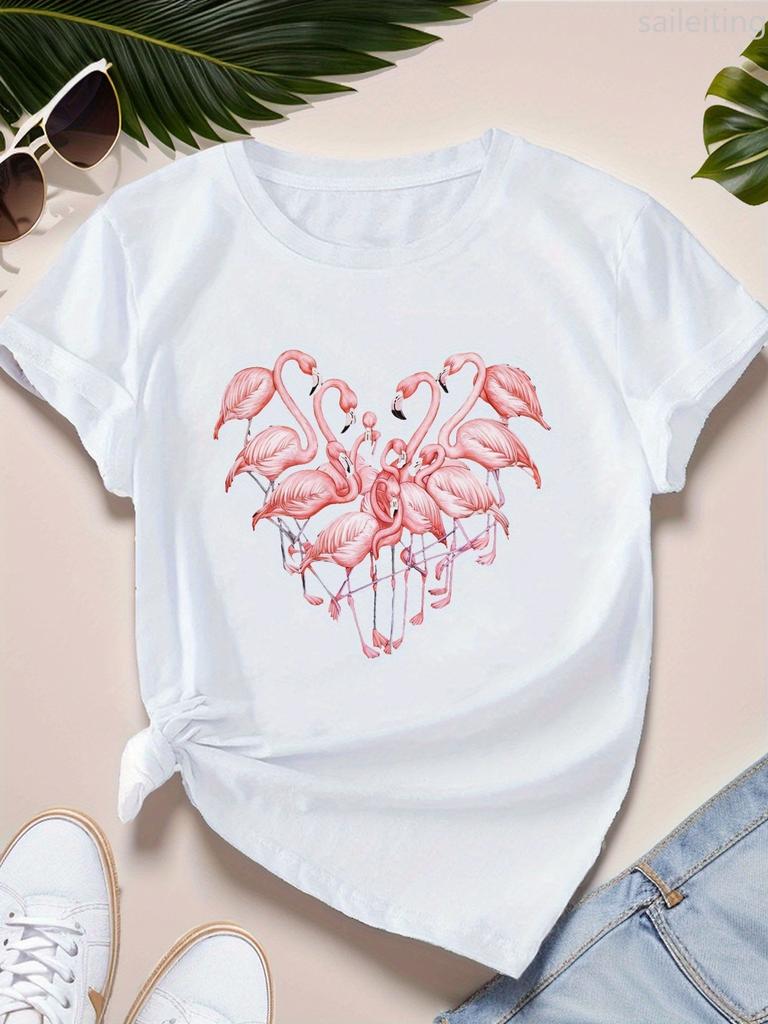 Flamingos Heart Women'S Sports Short Sleeve Harajuku Sleeve Casual Women's T-shirt Clothing Street Tops Tees Aesthetic Clothes