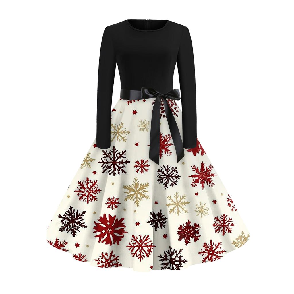 Damen Modisches Und Elegantes Herbst- Und Winter Langarm Rundhals Weihnachtsdruck Kleid