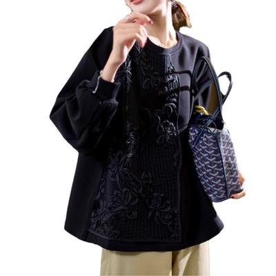 Fashion Disc Embroidery Splicing Black T-shirt Women's Winter New New Chinese Large Size Long-sleeved Top Women's Clothing
