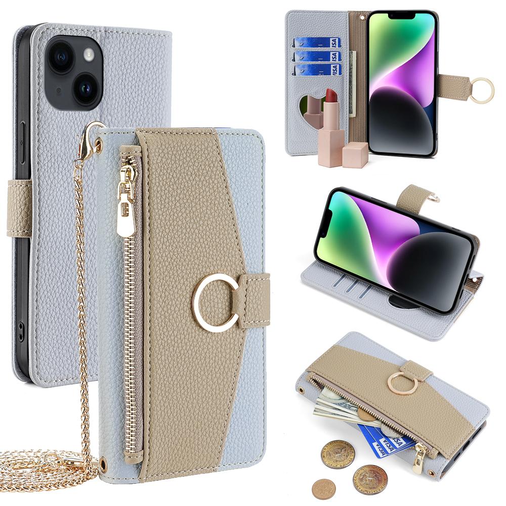 

For iPhone 14 Case PU Leather Makeup Mirror Wallet Phone Cover with Finger Ring Blue