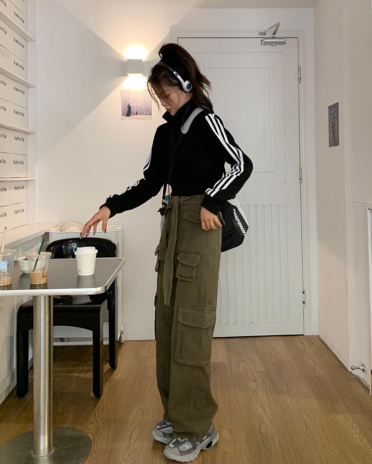Women's Slim-Fit American Retro Three-Stripe Long-Sleeve Sporty Zip-Up Jacket with Stand-Up Collar