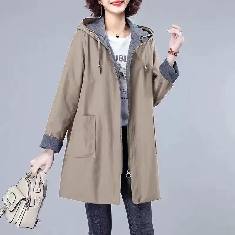 Lässige Jacke Windbreaker Damen Mittellang Frühling und Herbst Damen Tasche Locker Koreanische Version Kapuzenjacke Damen