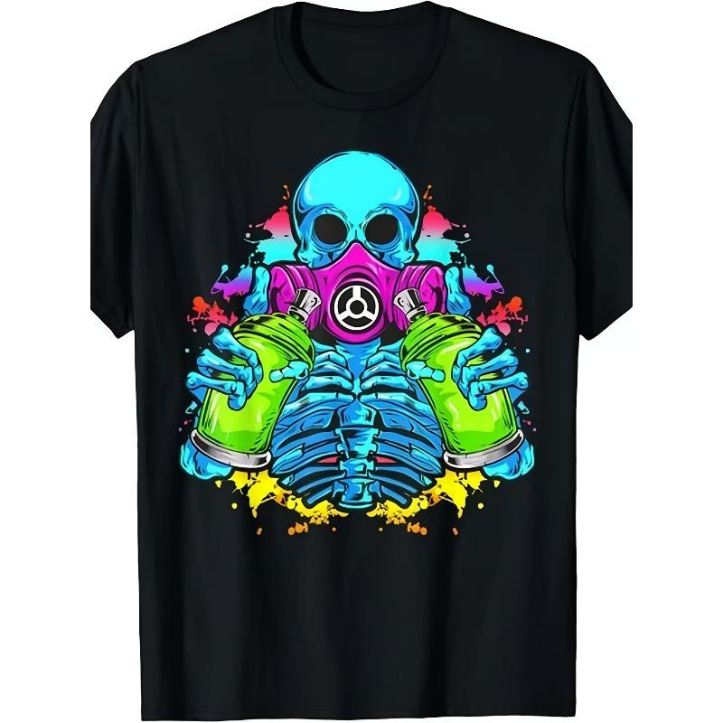 

European sizes Men S & Women S Urban Street Art T-Shirt - Black Retro Graffiti Skull & Fat Cap Spray Can Graphic Tee 4XL