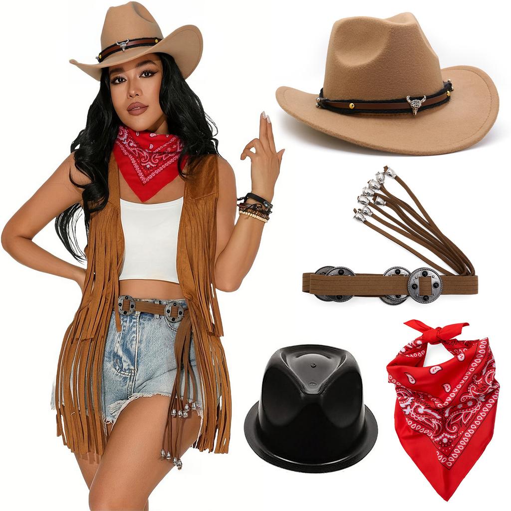 Women Bohemian Western Cowgirl Costume Set With Red Scarf Belt And For Themed Parties Halloween