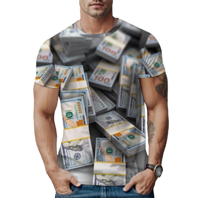 Summer Round Neck 3D 100 Dollars Print Top Fashionable Casual Short Sleeved Men's T-shirts