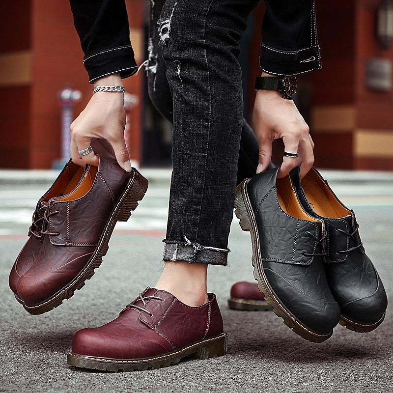 Plus Size Autumn and Winter Men's Leather round Head Retro Casual Shoes Leather Shoes Outdoor Shoes