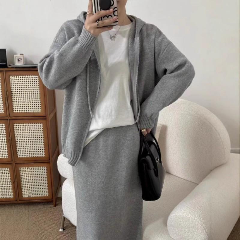 Womens Elegant Knit Two-Piece Set: Batwing Sleeve Sweater Long Slip Dress Casual Outfit In Wool Blend