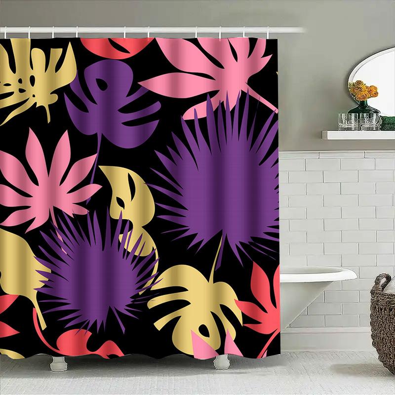 Colorful Tropical Leaf Pattern Shower Curtain For Bathroom Decoration Washable Fabric With Hooks Included