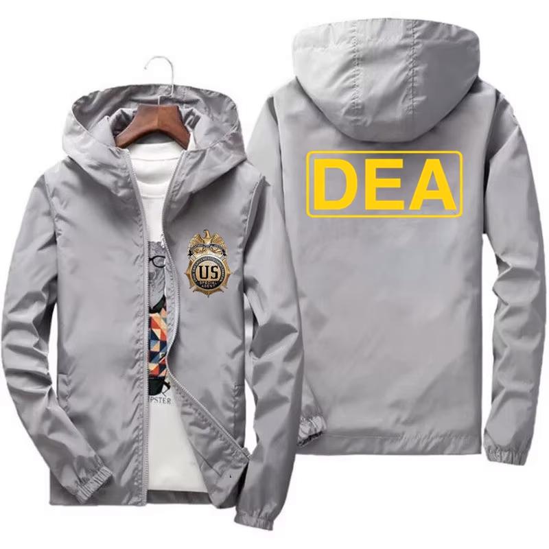 Męska kurtka typu bomber z kapturem i logo DEA, tarcza FBI, nieformalna cienka kurtka wiatroszczelna, odzież męska, Pakas, odzież wiatroszczelna