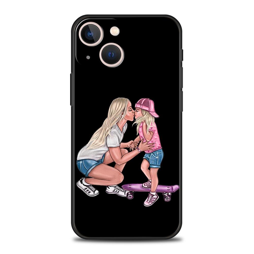 Schwarz Braun Haar Baby Mama Mädchen Sohn Telefon Fall Für iPhone 13 15 14 12 Mini 11 Pro MAX XR X SE XS 7 8 Plus Silikon Schwarz Abdeckung