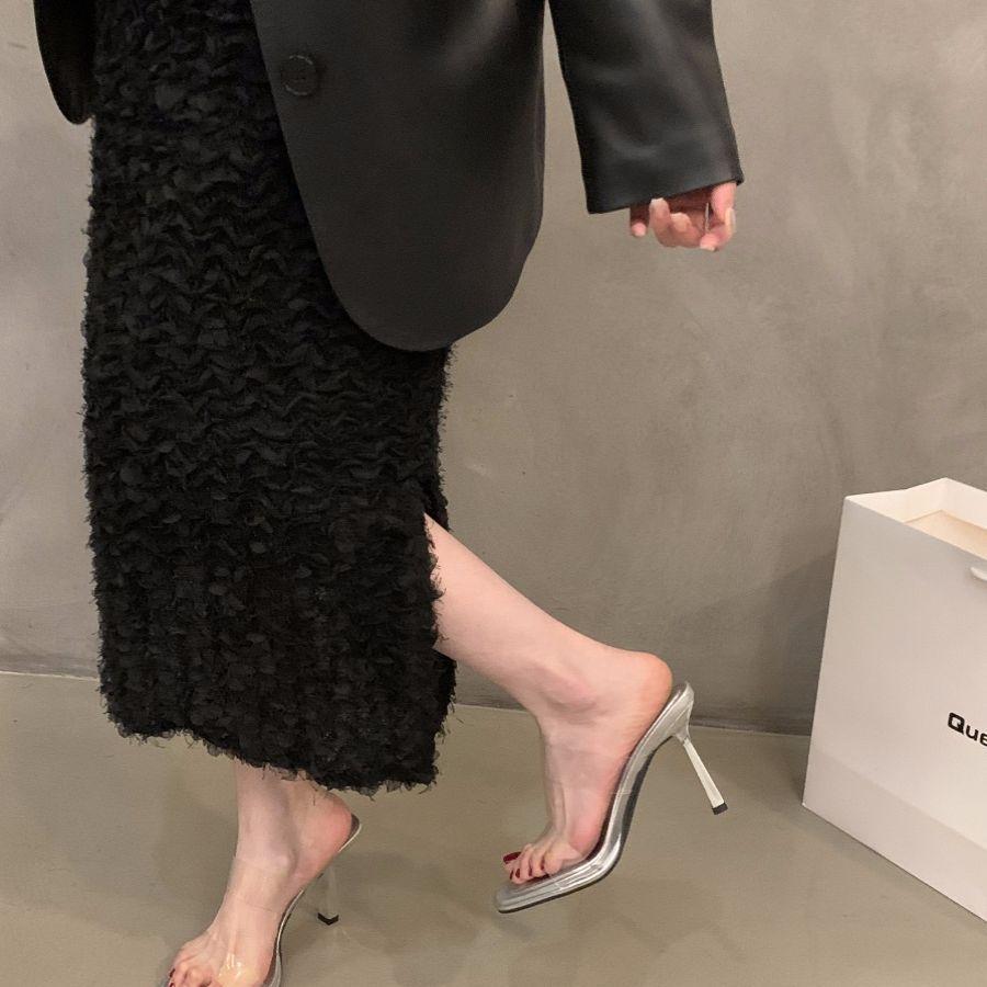 French niche high-heeled transparent with cool slippers fairy shoes 2025 new summer temperament wear silver sandals