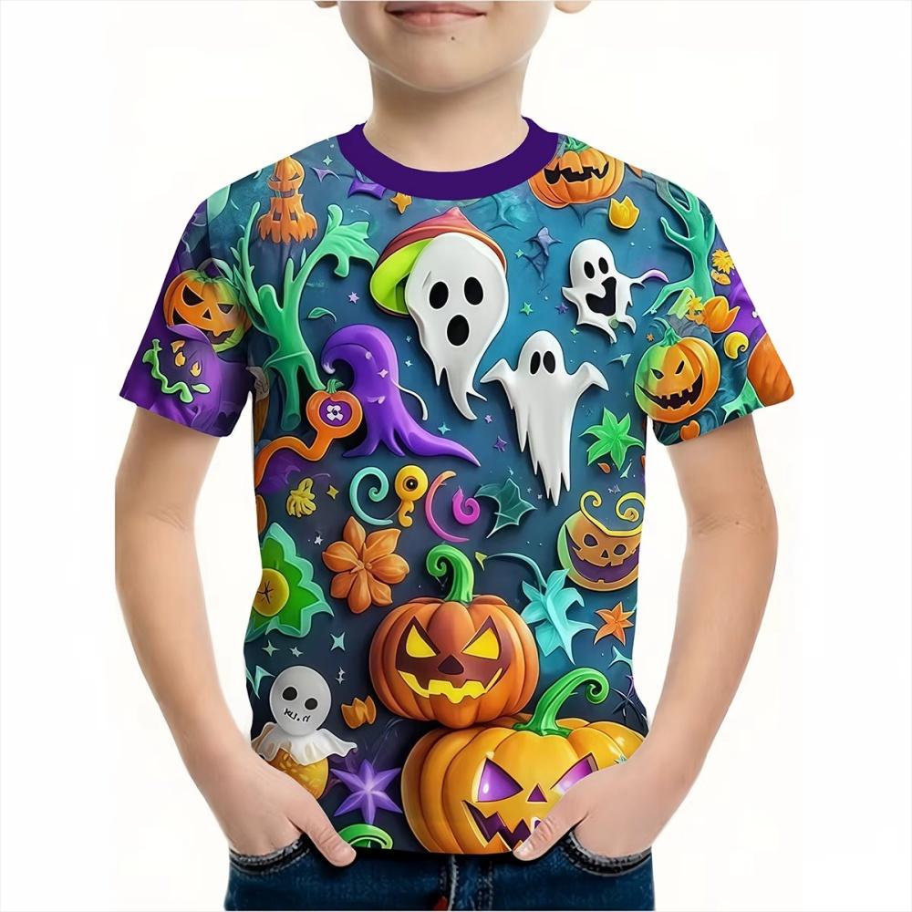 Halloween Boy's T-Shirt Pumpkin Pattern Summer Short Sleeves Casual Fashion Print Kids Tops 3-14Y Party Gift Children's Clothing