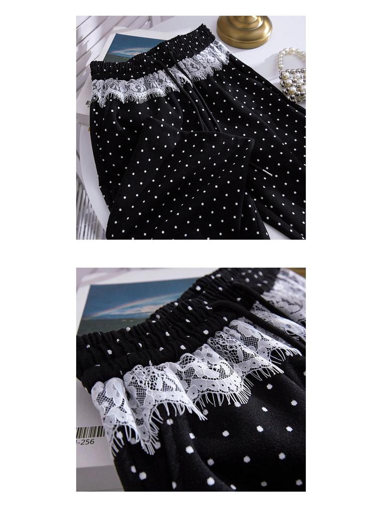 Women's High Waist Polka Dot Wide Leg Pants with Lace Trim - 2025 Spring Collection