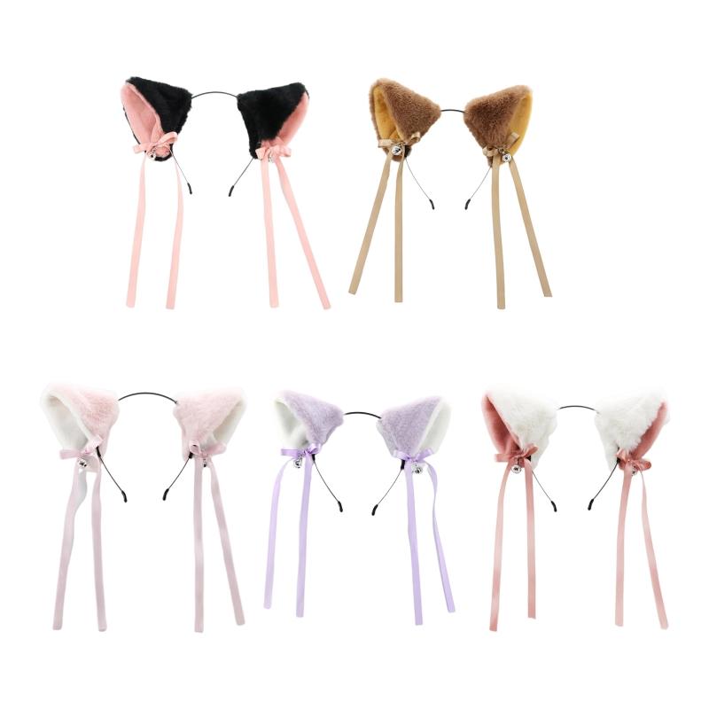 Lolita Cats Ears Hair Hoop Plush Headdress Simulation Animal Headband with Bowknot All-match Headband for Street Shoo