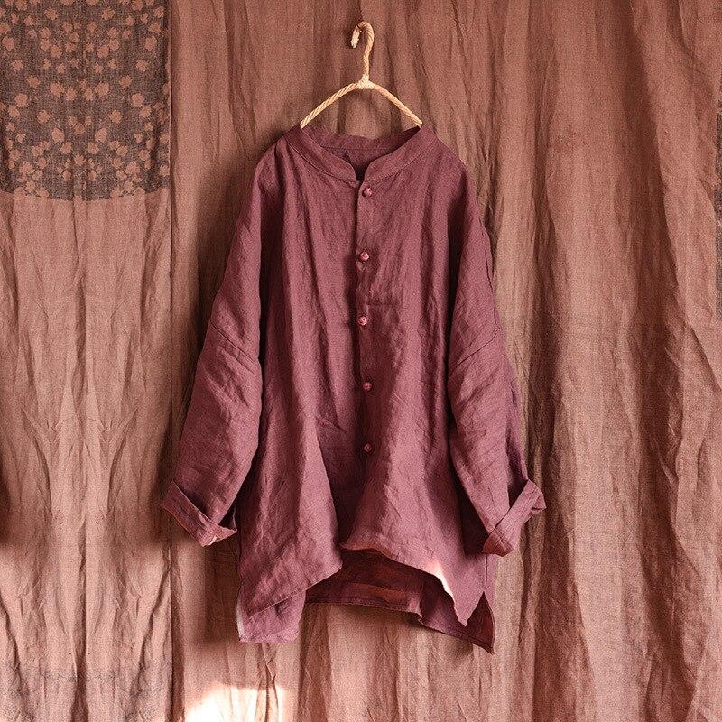 

Johnature женское винтажное льняное пальто на пуговицах со стойкой, однотонное свободное пальто с длинными рукавами, весенняя повседневная одежда в китайском стиле One Size фиолетовый