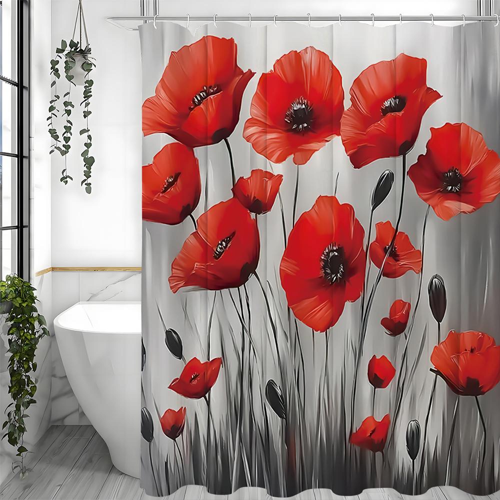 Red Poppy Shower Curtain, Bathroom Decorative Shower Curtain, Waterproof Shower Curtain with Hooks