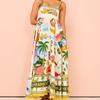 Women's Bohemian Spaghetti Strap Graffiti Print Maxi Dress, Vintage Cotton Linen Beach Swing Dress Sexy Sling Big Swing Dress