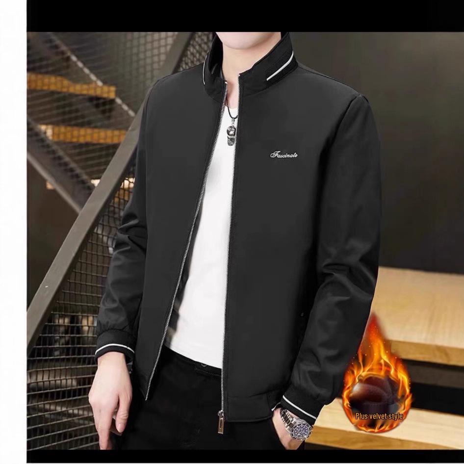 Men's Slim Fit Korean Style Jacket with Fleece Lining, Stand Collar, Versatile Casual Trend.
