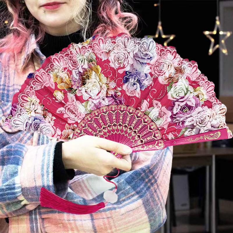 1PC Silk Fan Decoration Fans Floral Pattern Dance Tassel Vintage Folding Fan Hand Fan