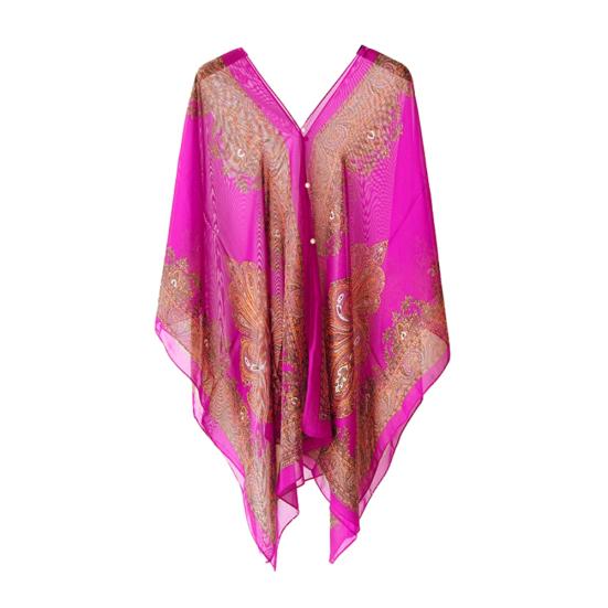 Women Summer Beach Bikini Cover Up Loose Chiffon Blouse Shawl Scarf with Buttons