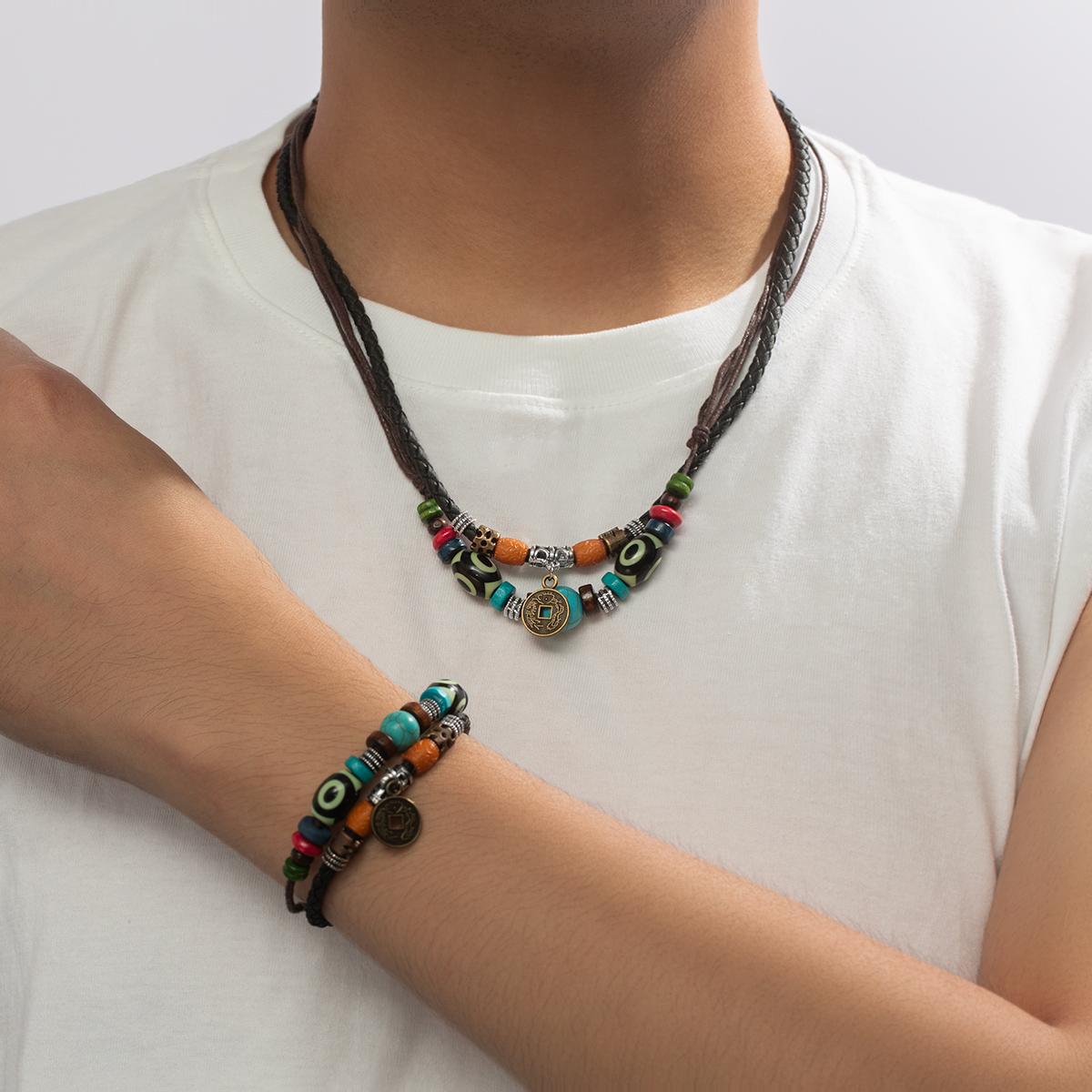 

2-piece Bohemian style antique coin pendant double layered leather rope woven printed bead men s jewelry set