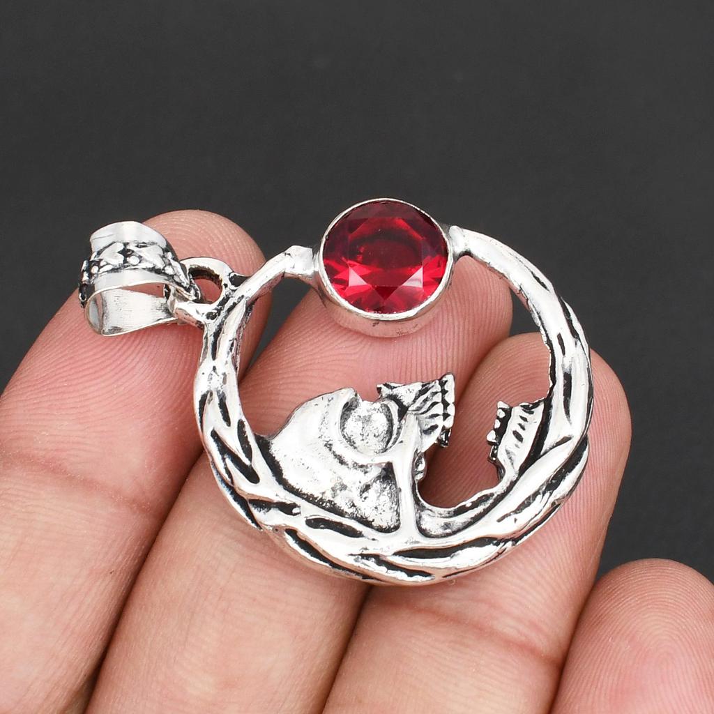 925 Sterling Silver Skull Crescent Moon Pendant Necklace with Garnet Stone for Men & Women Punk Rock Biker Jewelry Gift