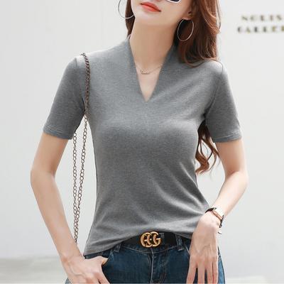 Maglietta da donna top coreana da donna mezza manica con scollo a V Maglietta tinta unita tutta abbinata Camicia basic Causal lady office Blause