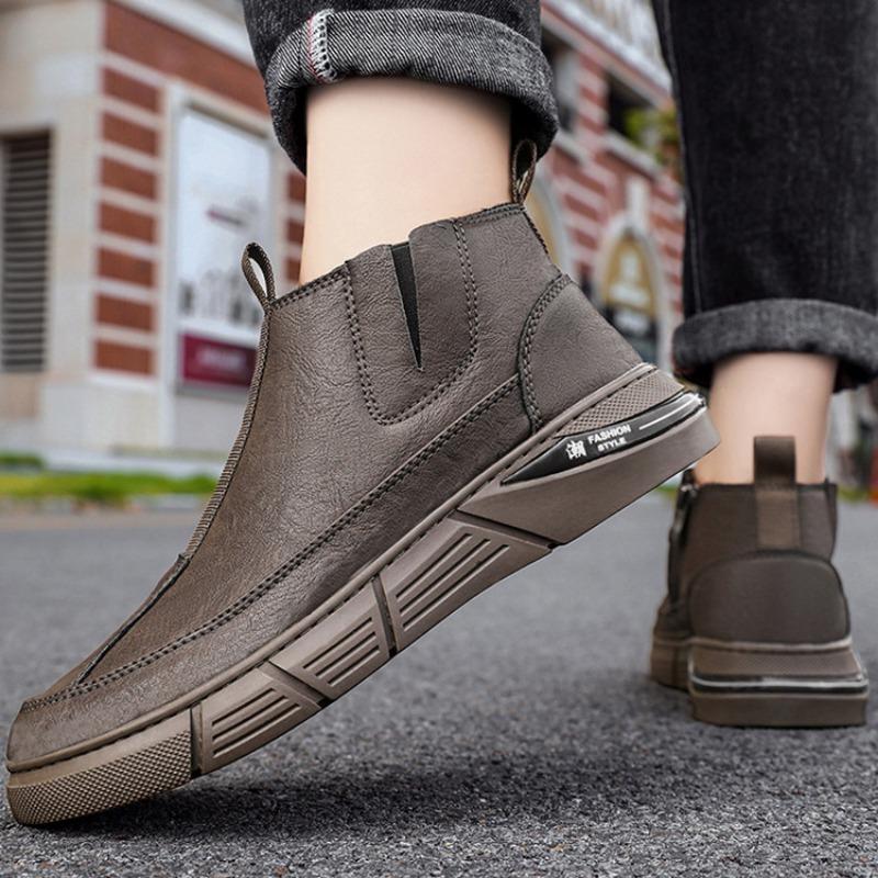 Men Leather Shoes Motorcycle Trend Platform Shoe Fashion Men's High Top Ankle Boots Spring New Waterproof Non Slip Casual Shoes