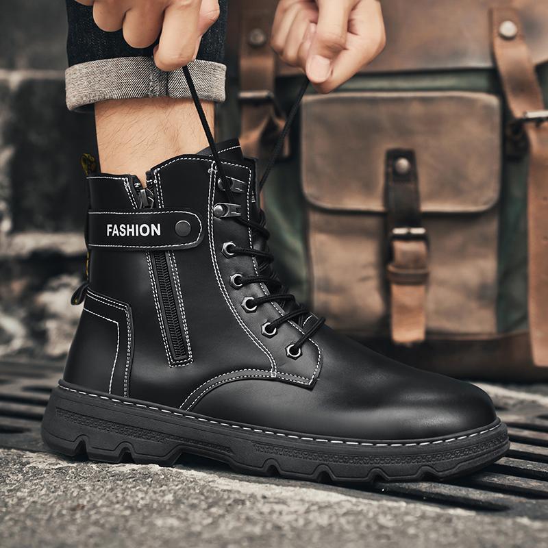 Wysokiej Jakości Skórzane Męskie Buty Codzienne Designerowe Wysokie Niepoślizgowe Botki Zimowe Outdoorowe Moda Czarne Męskie Buty Robocze