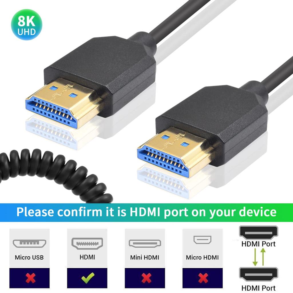 Duttek 8K HDMI HDMI Coiled 48Gbps HDMI Cable Ultra Thin HDMI Male to Male HDR Compatible 8K 60Hz Resolution Backwards Compatible 4K Ultra HD 1080p 3D