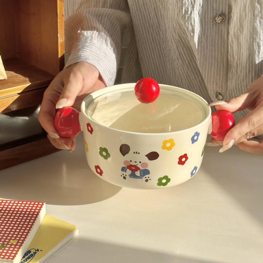 Ins Cream Wind Cute Cartoon Ceramic Binaural Instant Noodle Bowl Snail Powder Bowl Noodle Bowl Soup Bowl with Lid