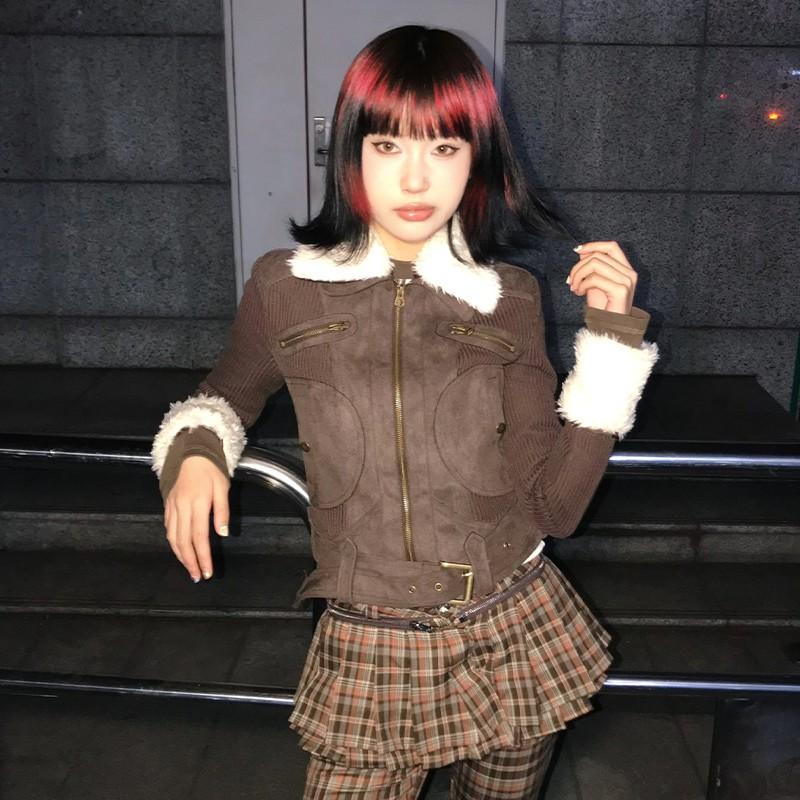 Y2k Fur Coat Women Vintage Harajuku Knitted Jacket Grunge Aesthetics Fur Collar Zipper Coat