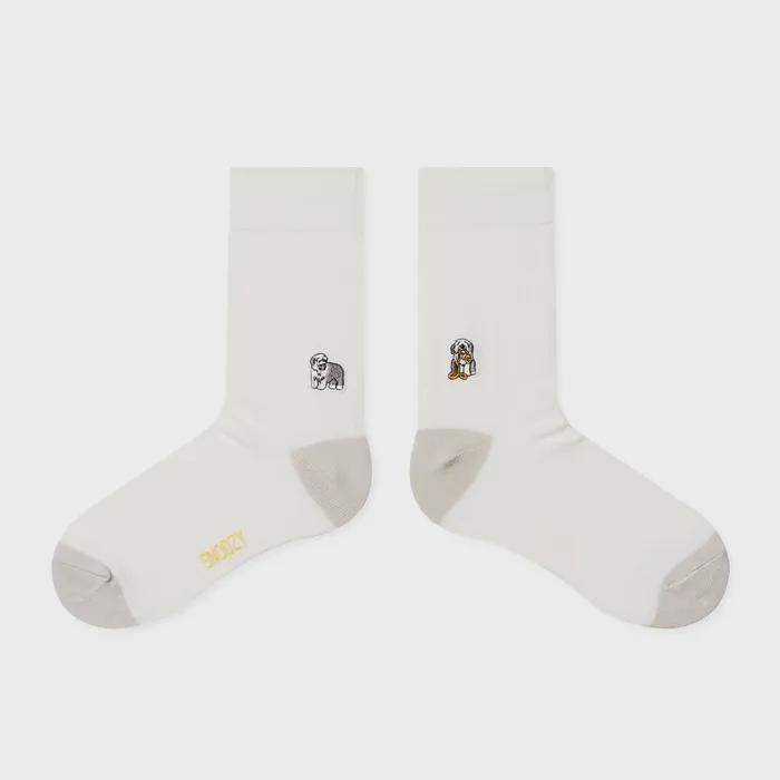 Sheepdog Puppy Embroidered Socks - White & Gray
