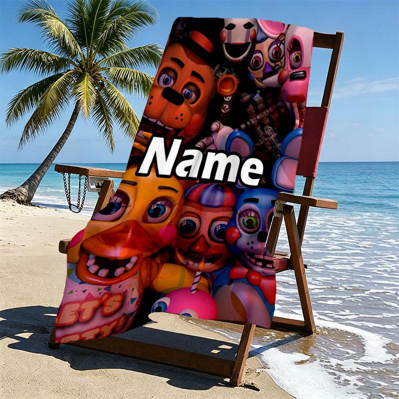 Personalisierter Strandtuch mit individuellem Namen für Five Nights at Freddy's, für Reise Camping Strandparty Heimdekoration, Geburtstagsgeschenk für Familie & Freunde