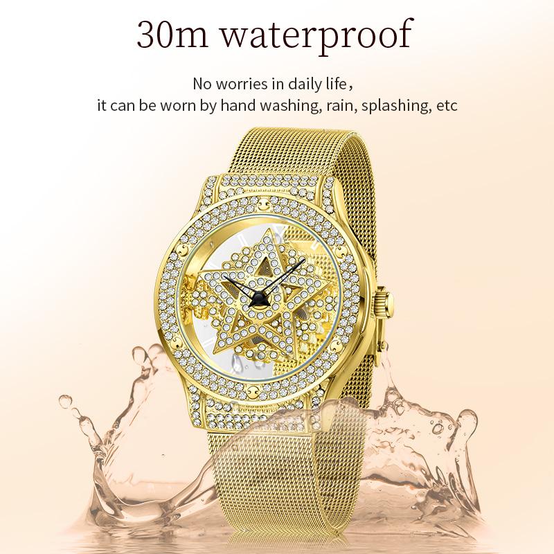 FOXBOX Women's Watches Fashionable Large Dial Pentagram Waterproof Watch For Girls Snowflake Rotating Hollow Women's Watch