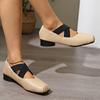 Fashion Spring 2025 New Women's Ballet Shoes Square Toe Thick Middle Heel Cross Elastic Cowhide Color Office Women Shallow Single Shoes
