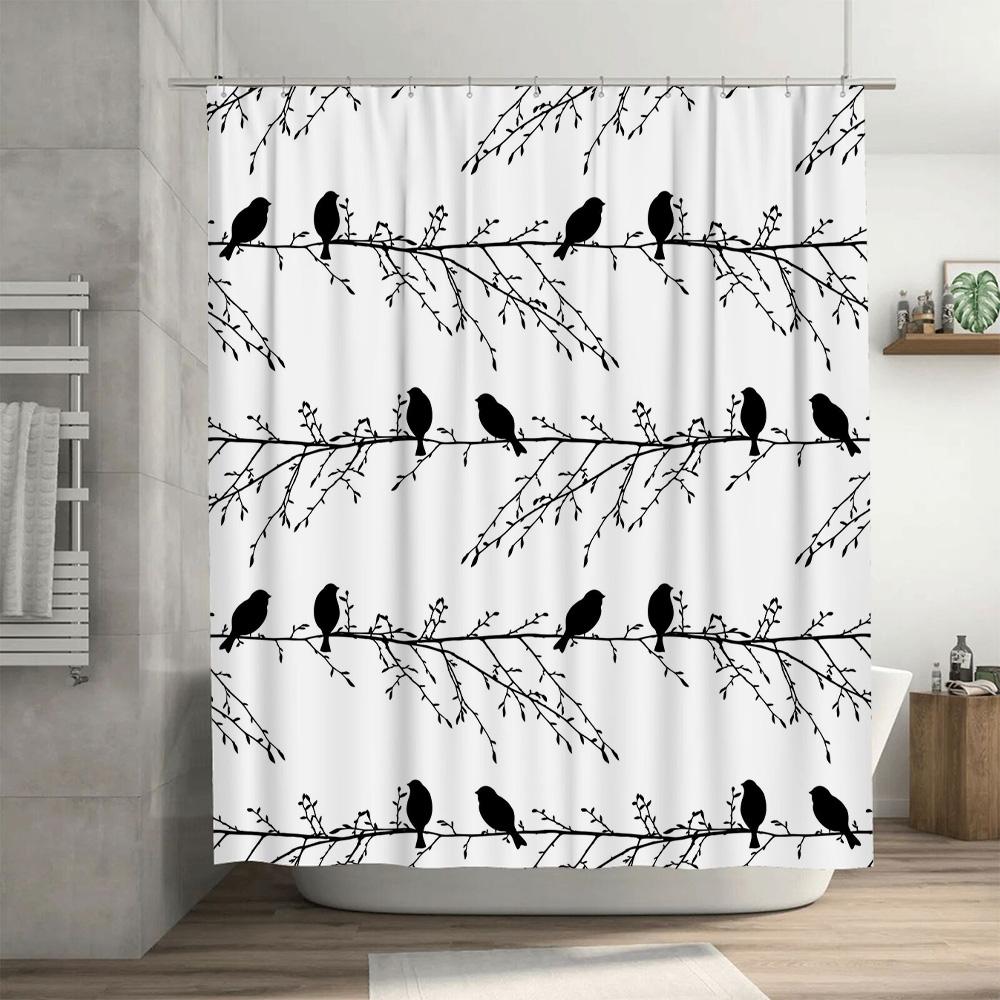 Modern White Shower Curtain with Black Bird Pattern for Bathroom Decor Perfect Fit Size 180x240cm