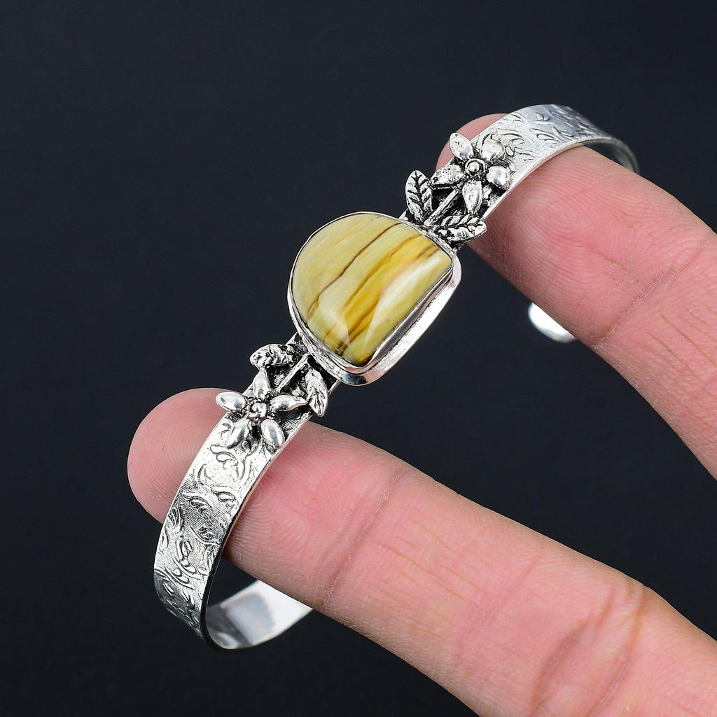 Gift For Women Bangle Flower Adjustable 925 Silver Natural Landscape Jasper