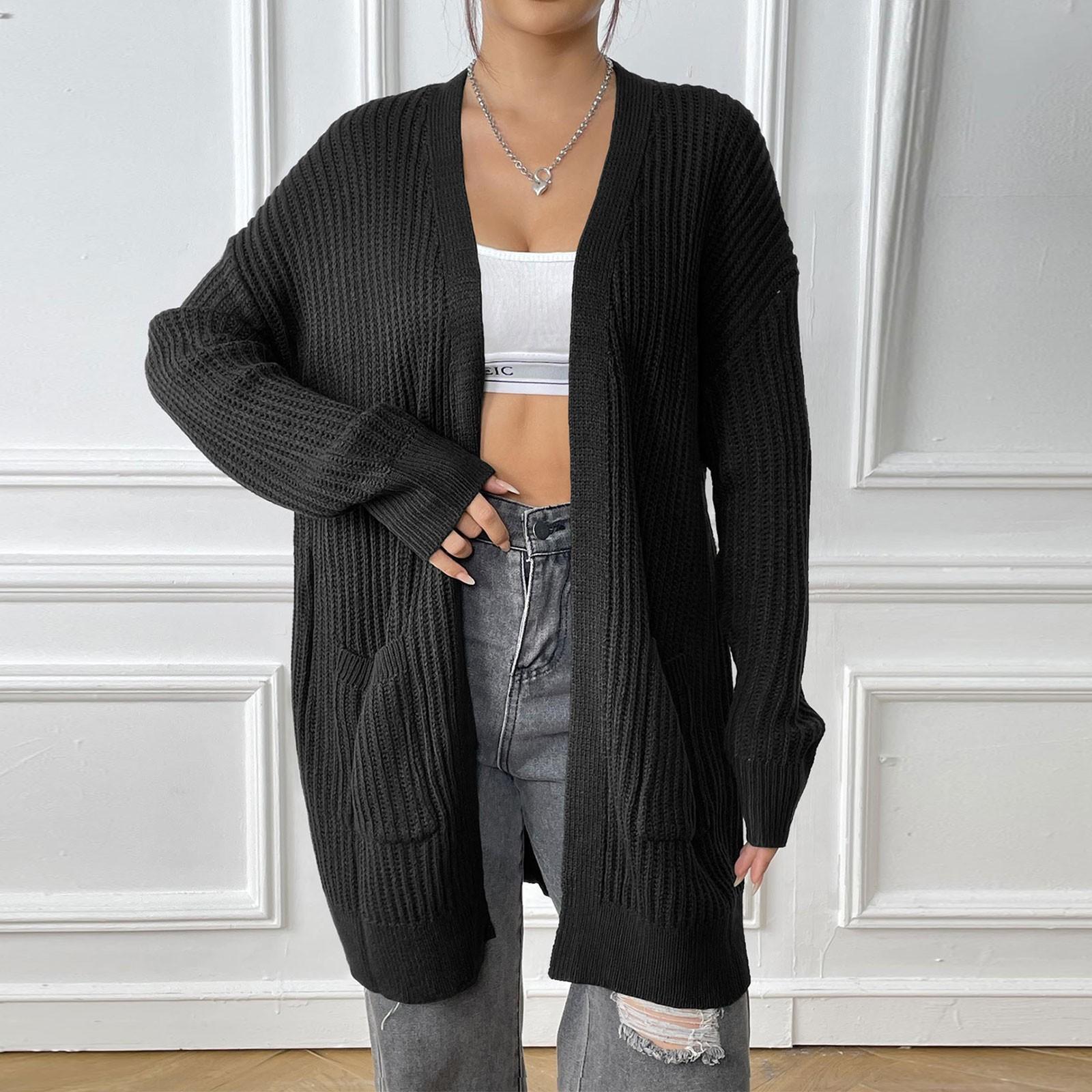 

Женский модный повседневный свитер с длинными рукавами и двойным карманом, кардиган One Size чёрный