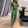 YYFS Women's Fashion Casual Summer Spring Colour Block Print Short Sleeve V-Neck Trousers Pants Suits