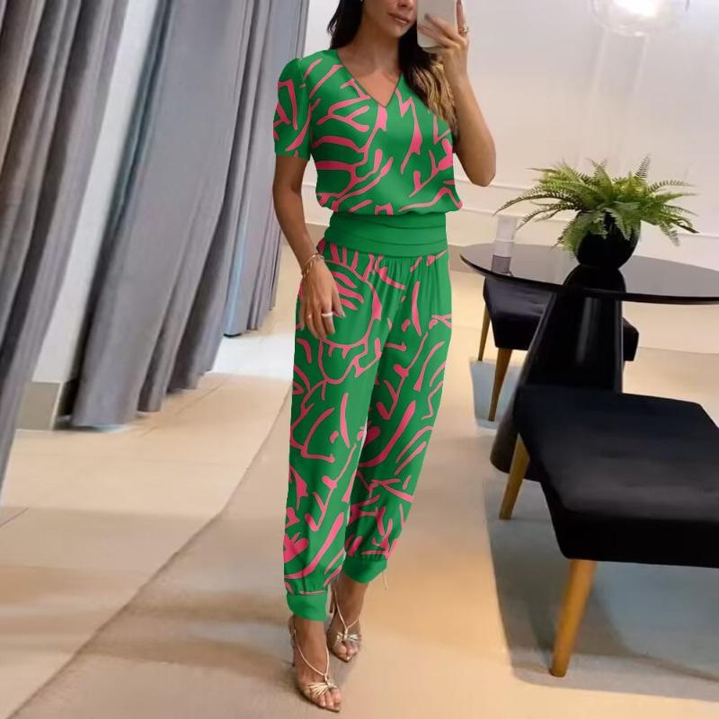 YYFS Women's Fashion Casual Summer Spring Colour Block Print Short Sleeve V-Neck Trousers Pants Suits