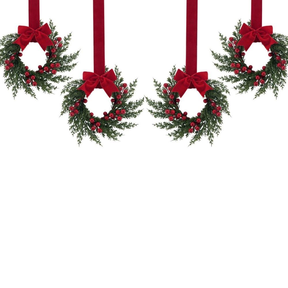1/2/4Pcs Christmas Mini Wreaths Window Decorations Ribbon Bows Red Fruits Christmas Nee Year Party Home Decorations Ornament