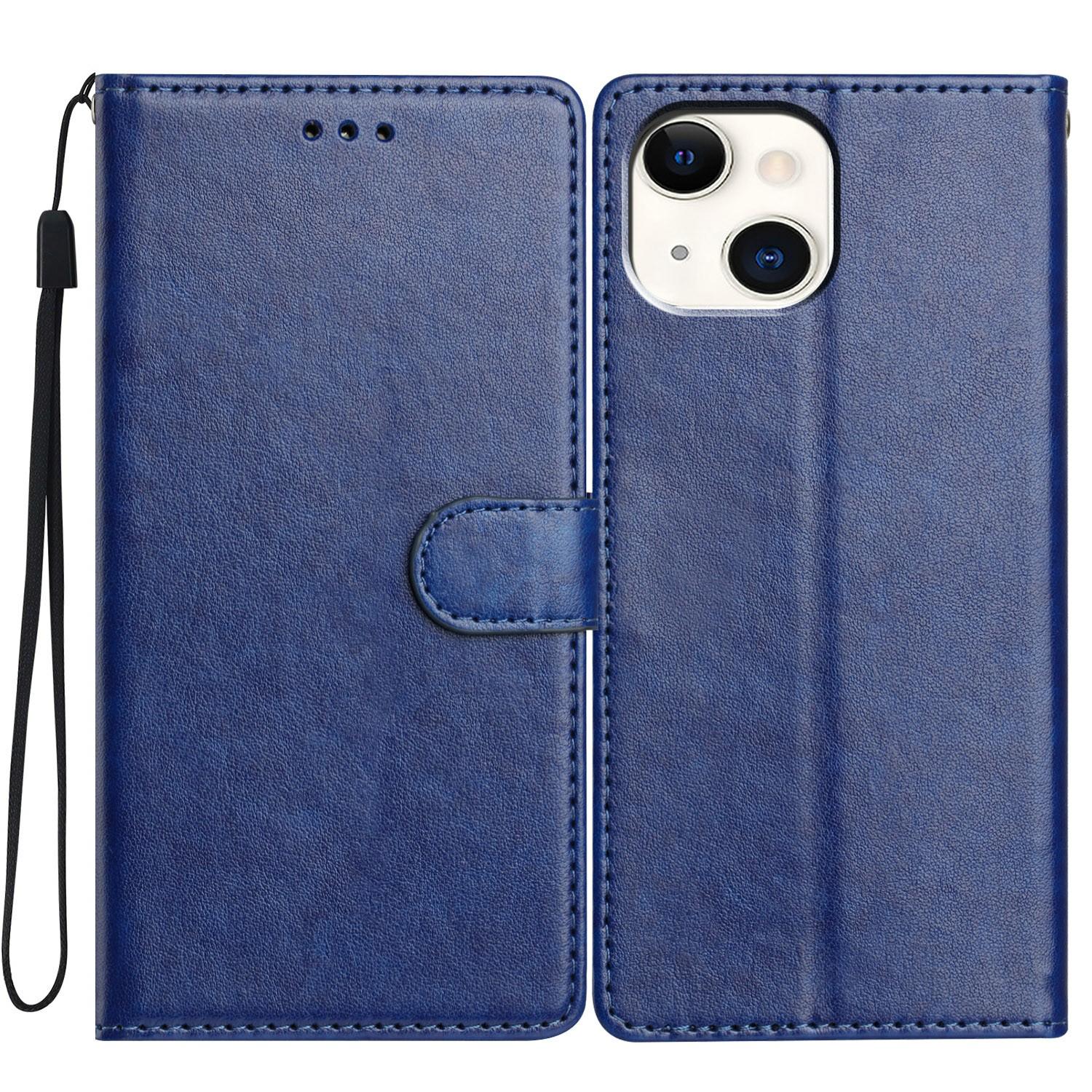 

For iPhone 14 Leather Phone Case Wallet Stand Cover with Handy Strap Blue