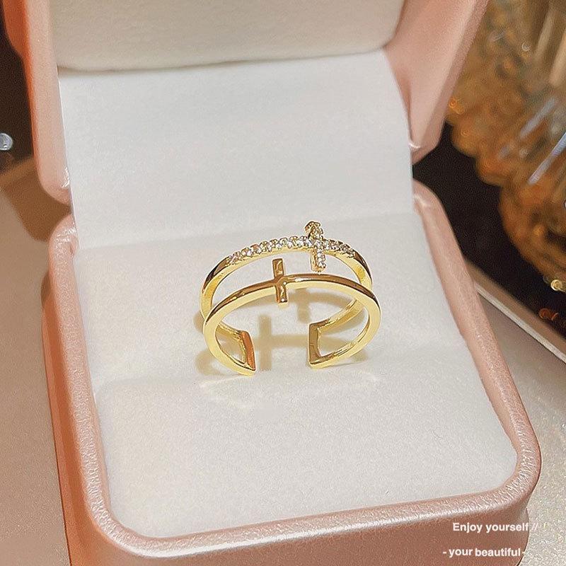 New Seiko Cross Double Layer Ring for Women's Niche Design Ins Cool Style Fashion Versatile Non Fading Open Ring